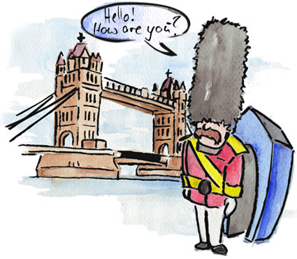 Hallo. Zeichnung Tower Bridge und englischer Bobby